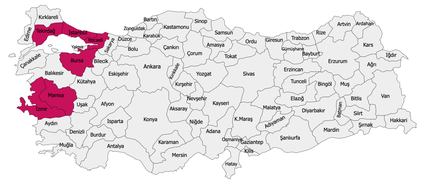 Hizmet verdiğimiz iller haritada işaretli: İstanbul, Kocaeli, Tekirdağ, Bursa, Manisa, İzmir